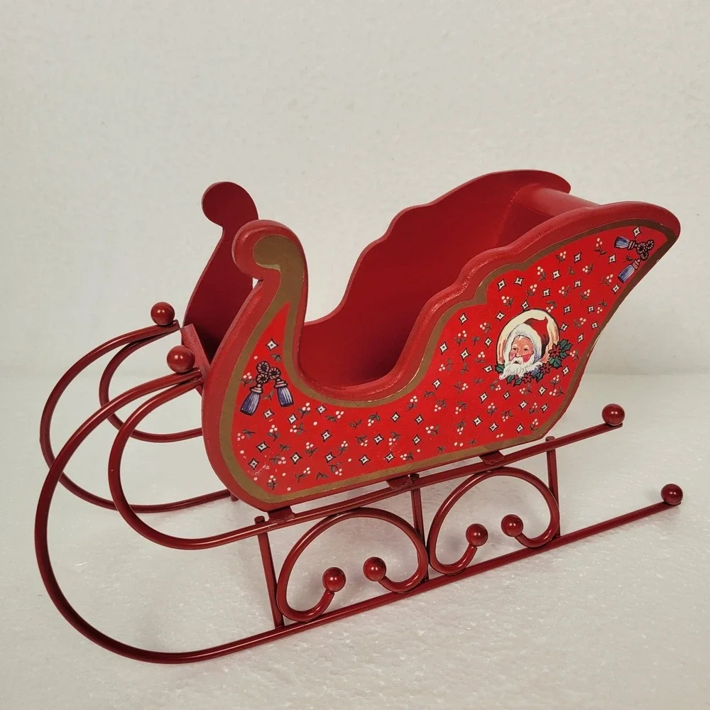 VTG 80s 90s Santa Sleigh Red Wood & Metal Scroll Retro Christmas Decoration 10